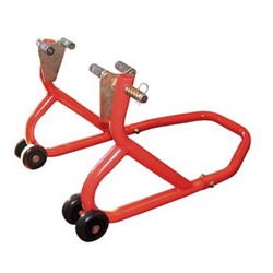 Motorcycle stand, colour red, under front wheel