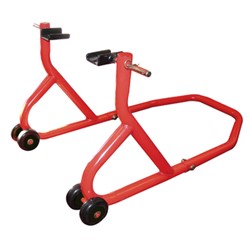Motorcycle stand, colour red, under motorcycle rear wheel