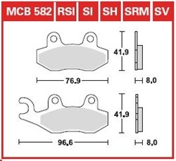 Brake pads MCB582SRM TRW sinter, intended use scooters fits ATK; BENELLI; CAN-AM; HONDA; HUSQVARNA; HYOSUNG; KAWASAKI; KYMCO; PEUGEOT; SUZUKI; TRIUMPH; YAMAHA_0