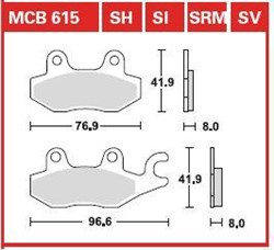 Brake pads MCB615SRM TRW sinter, intended use scooters fits BENELLI; CAGIVA; CAN-AM; CPI; DAELIM; HONDA; HYOSUNG; KAWASAKI; KYMCO; SUZUKI; TRIUMPH; YAMAHA