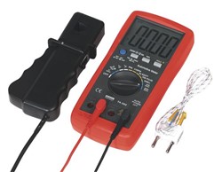 Multimeter with inductance clamp for measurement of rotation speed; with thermometer